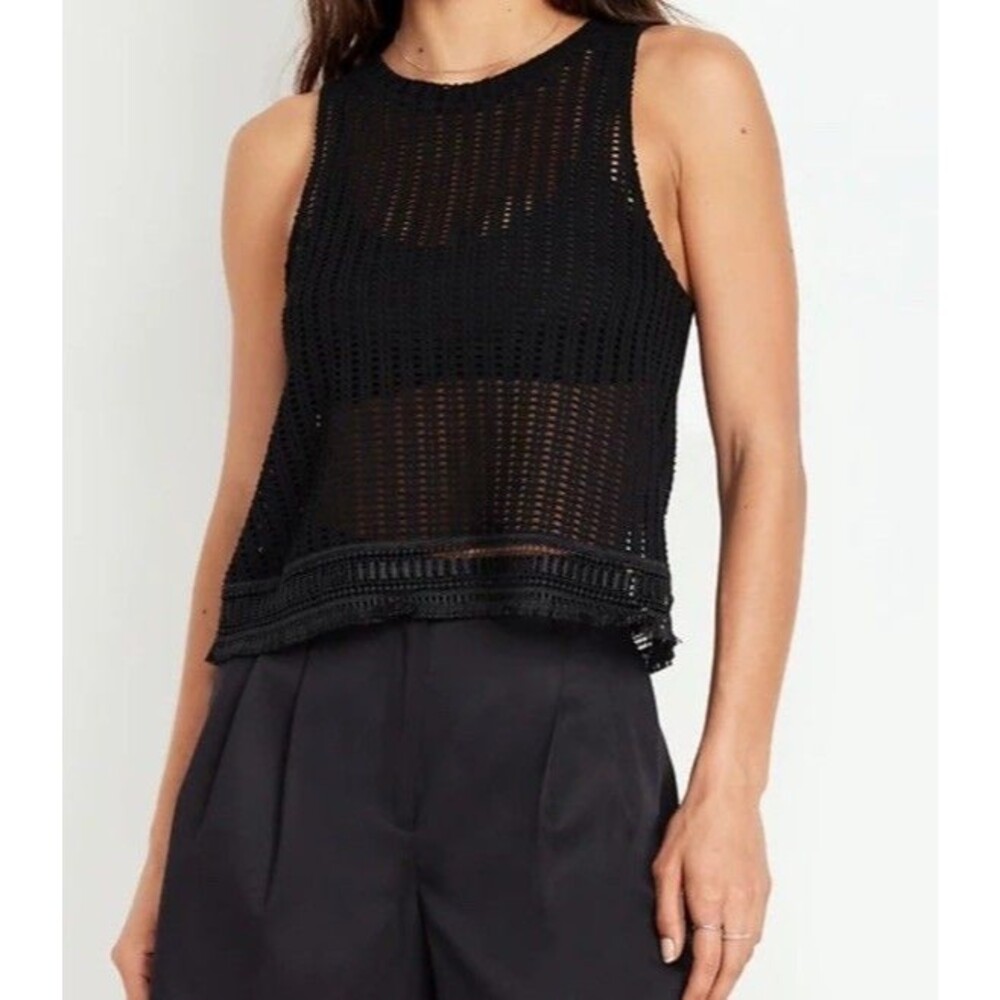 Old Navy Crotchet Tank Top Women's  Sleeveless With A Fringe Hem Black SZ S